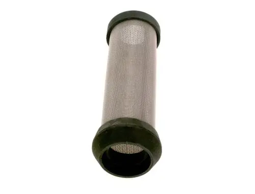 Filterkerze aus Edelstahl mit Gummimuffe von Bosch. Zylindrische Form mit feinem Maschengewebe zur Filtration.